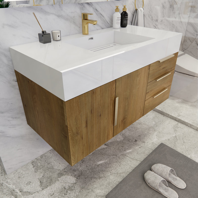 Glasgow 42'' Single Bathroom Vanity with Acrylic Top, Glossy White, Oak