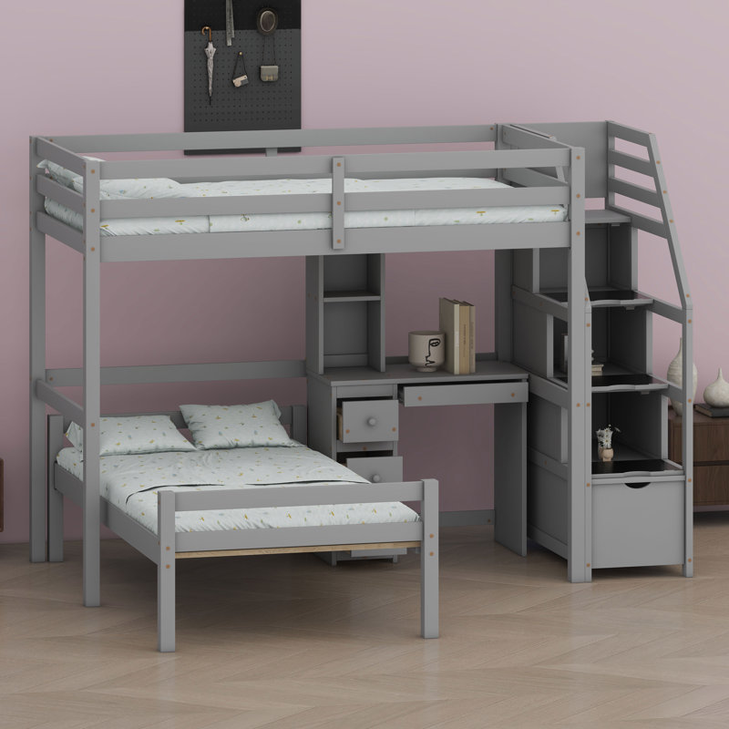 Lit mezzanine multifonctionnel avec lit autonome, escalier de rangement, bureau, tablettes et tiroirs, Gris