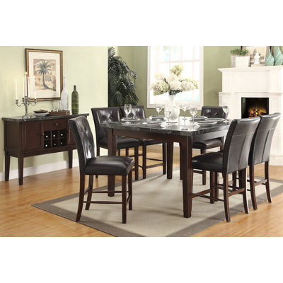 Dark Cherry Finish Counter Height Set Marble Top Table With 6 Counter Height Chairs Dark Brown Faux Leather Upholstered Dining Kitchen Wooden Furnitur -  Red Barrel StudioÂ®, 165CF9F2E56B45F2AE866DA85D10DFCD