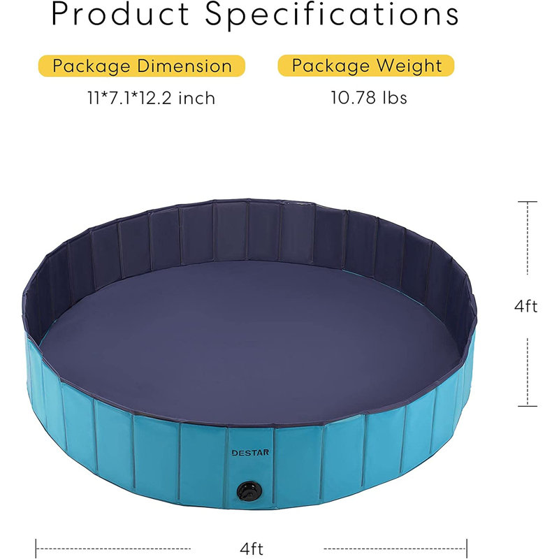 Baignoire d'extérieur pliable pour animaux en PVC avec doublure de protection, Bleu, H 11,8 po x l 48 po x 48 po