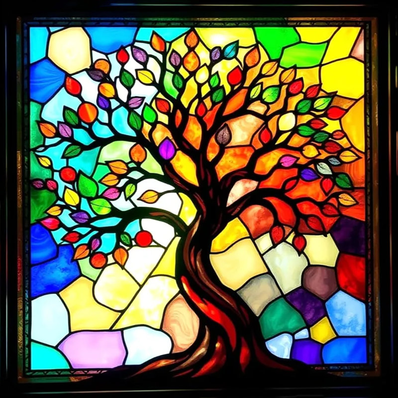 Vibrant, vitrail, arbre, toile tendue, art mural, H 12 po x l 12 po