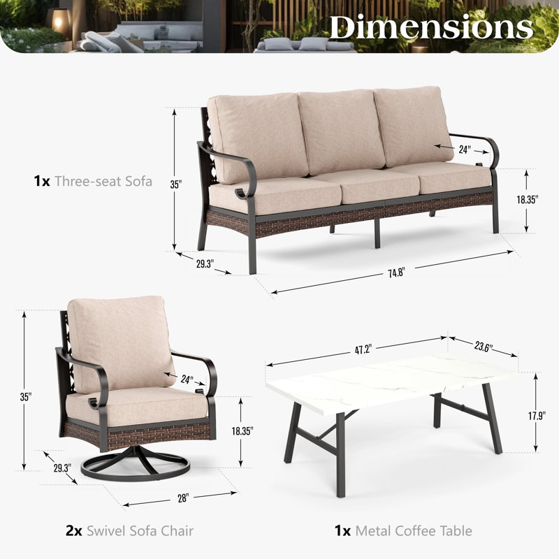 Ensemble de conversation pour 5 personnes avec chaises longues pivotantes, Beige