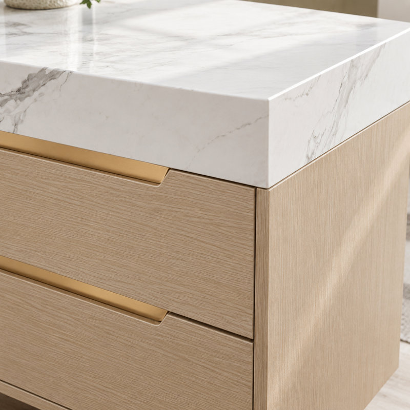 Meuble-lavabo moderne de 89 cm (35,05 po) avec lavabo encastré, comptoir en pierre frittée, bois massif multicouche imperméable, 4 tiroirs, autoportant ou mural