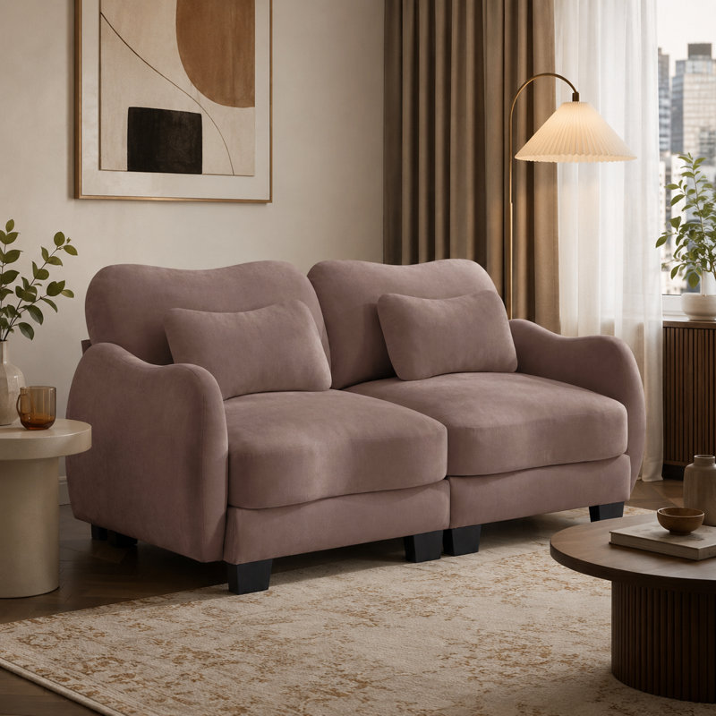 Canapé courbé Rosman en chenille avec sièges profonds et coussins lombaires, Rose poussière