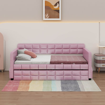 Lit de jour moderne avec lit gigogne escamotable, canapé-lit en velours avec 4 poches de rangement latérales