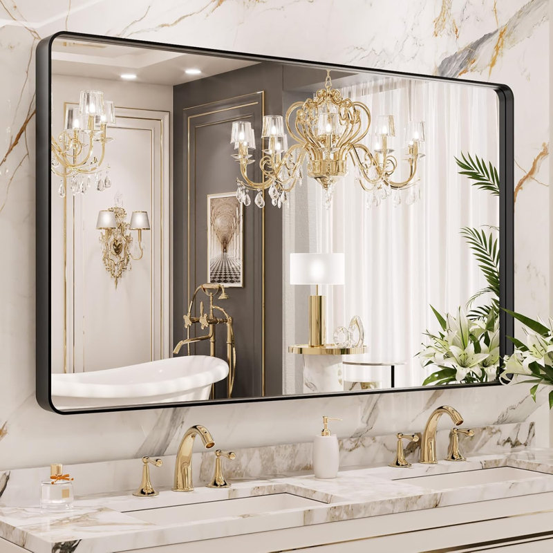 Miroir de salle de bain 55 po x 30 po avec cadre en métal blanc pour le mur, miroir de meuble-lavabo blanc Farmhouse, grand miroir rectangulaire arrondi, antirouille, verre trempé, suspension horizontale ou verticale