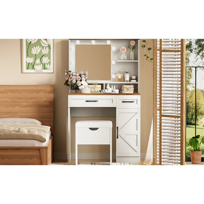 Chic Makeup Vanity Desk With Lights & Mirror, 3 Modes, 2 Drawers, Adjustable Shelves, Side Cabinet, Bedroom White Lights, Cabinet For Bedroom,