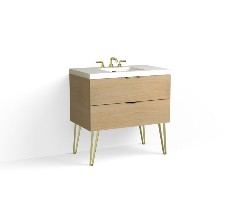 Avila 36" W Freestanding Single Bathroom Vanity with Dawson Leg, Matte White/8" Widespread, Biondo, Satin Brass