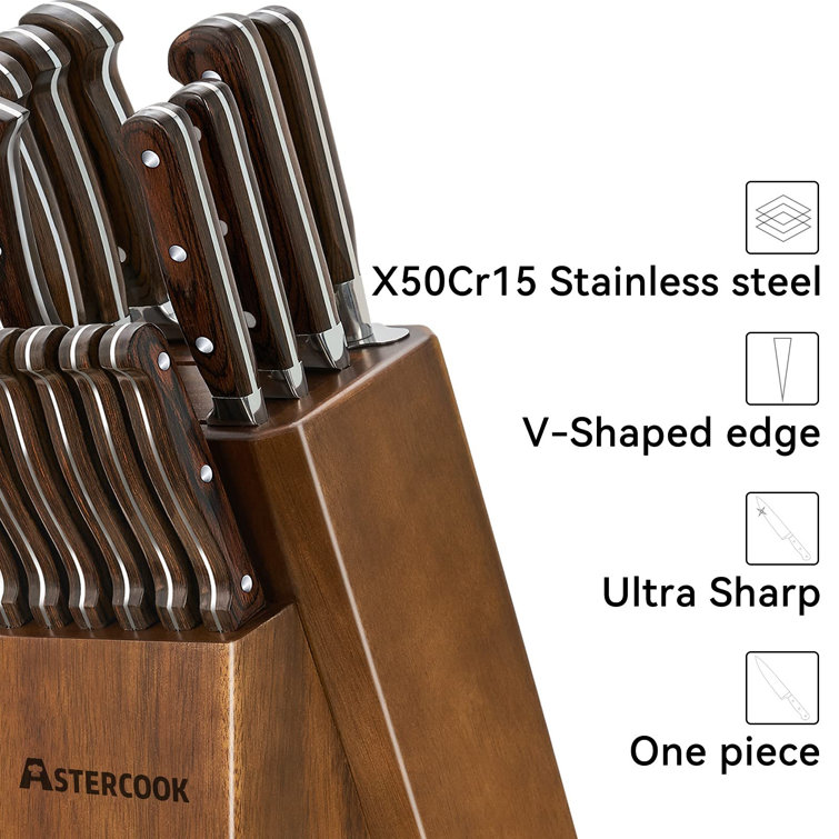 Astercook 15-Piece Knife Set with Block, Built-in Sharpener