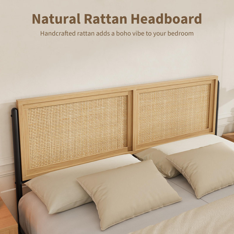 Boho Bed Frame with Natural Rattan Headboard and Footboard, Wooden Platform Bed No Box Spring Needed, Noise-Free Easy Assemble Metal Bedframe