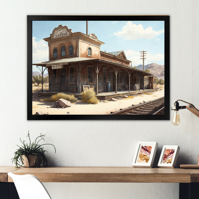 Wild West Train Station I - reproduction sur toile, Impression noire sur toile encadrée, H 12 po x l 20 po x P 1 po