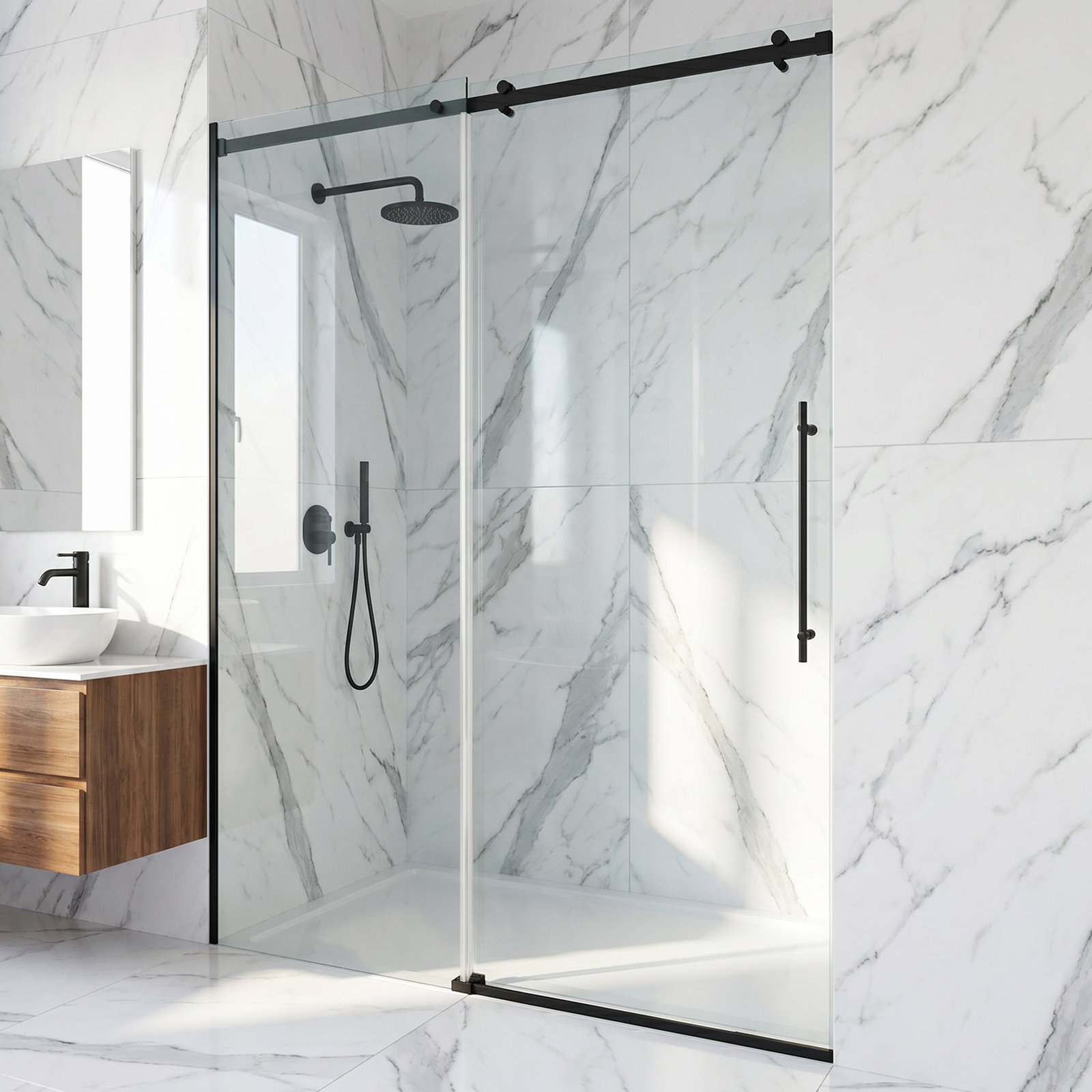 Luca Frameless Sliding Shower Door, Matte Black