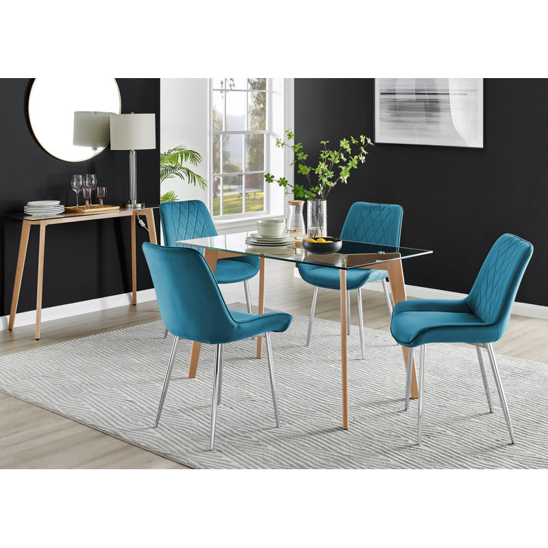 Scandinavian Dining Table Set - Minimalist Style Glass and Metal Leg with 4 Luxury Dining Chairs, Light Brown, Blue/Silver