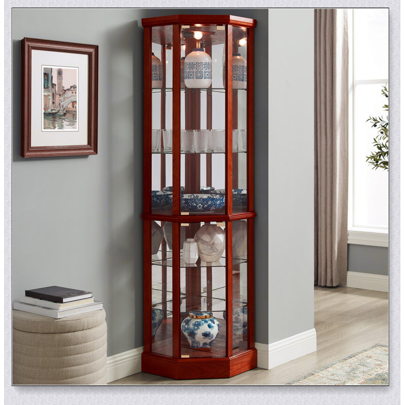 6 Shelf Lighted Corner Curio Cabinet with Adjustable Tempered Glass Shelves and Mirror Back, Cherry