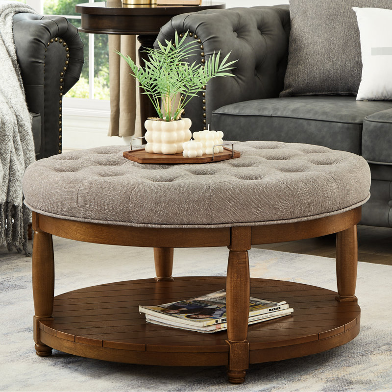 Grande table basse de 32,5 po de largeur avec tablettes en bois rembourrées et revêtues de lin rond, pour l'intérieur et l'extérieur, L 32,5 po x l 32,5 po H 18 po, facile à assembler en 5 minutes