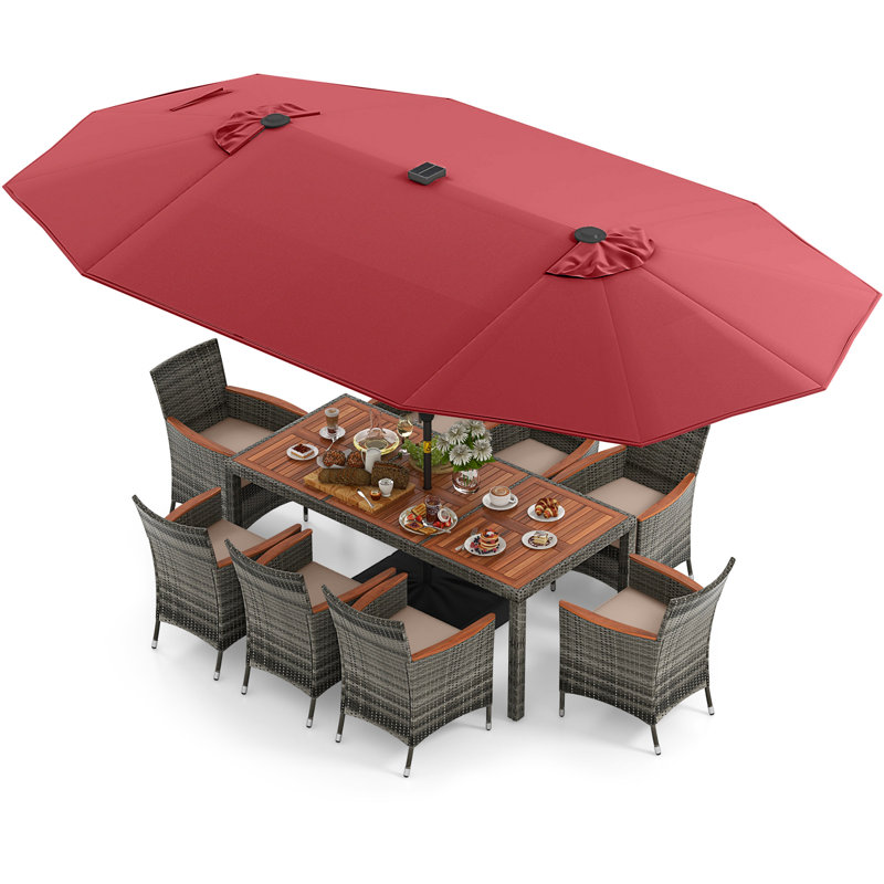 Ensemble 11 chaises de table de salle à manger de patio avec parasol et base, Gris, Rouge