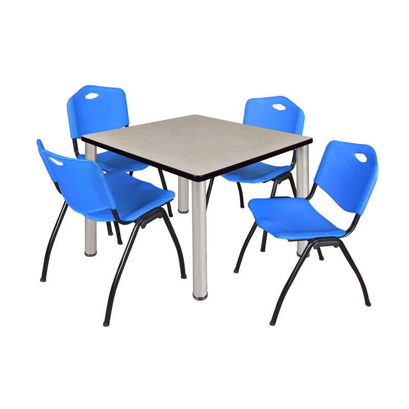 Plateau de table Kee Square, 4 chaises empilables, Chrome, Bleu