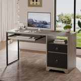 55'' Home Office Computer Desk with File and Storage Drawers,  Fluted Writing Desk with Keyboard Tray&Practical Hook and Open Compartments