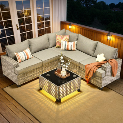 Wahkon Wicker/rattan 5 - Person Wicker Sectional Seating Group with Lighted Coffee Table, Modern Modular Outdoor Conversation Set with Cushions