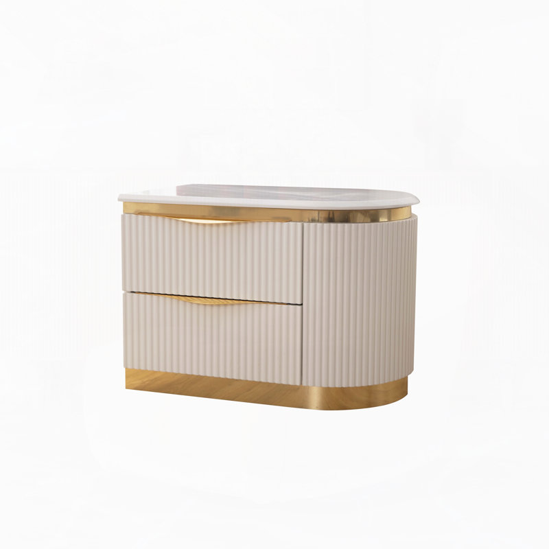 Table de chevet dorée à 2 tiroirs à droite en bois blanc