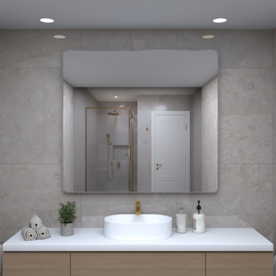 Miroir de salle de bain 40 po x 36 po en nickel brossé, cadre rectangulaire en métal argenté arrondi, nickel brossé, antirouille, incassable, suspendu horizontalement ou verticalement