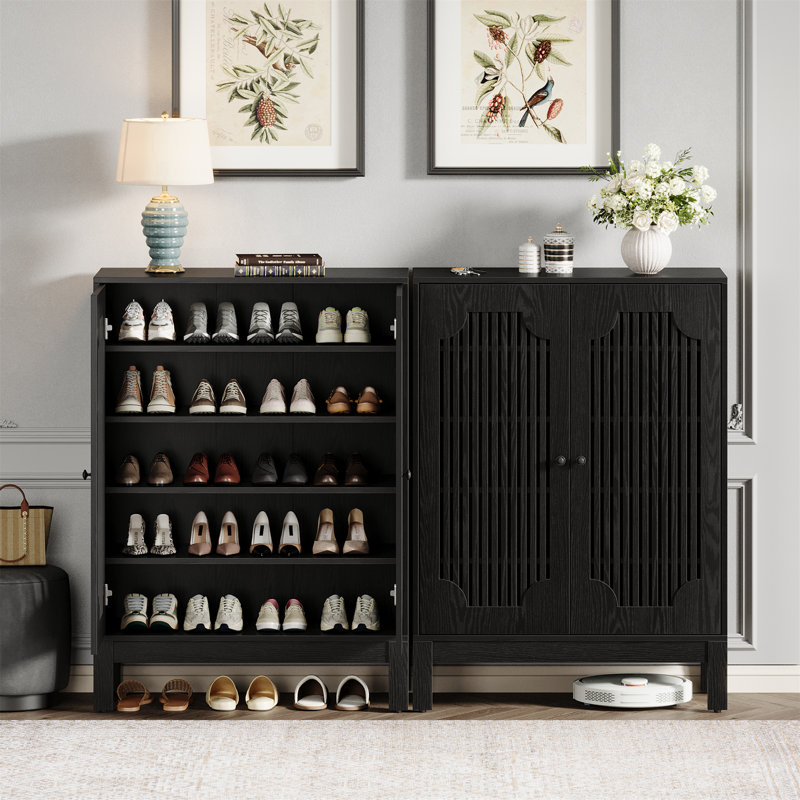 Meuble à chaussures à 5 niveaux avec portes et tablettes ajustables, Noir