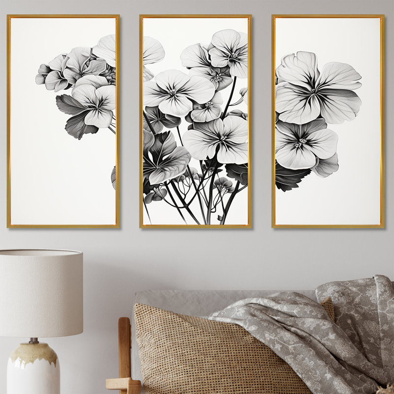 Minimalisme noir et blanc, géraniums - ensemble d'art sur toile géraniums, Cadre flottant doré, H 32 po x l 48 po x P 1 po