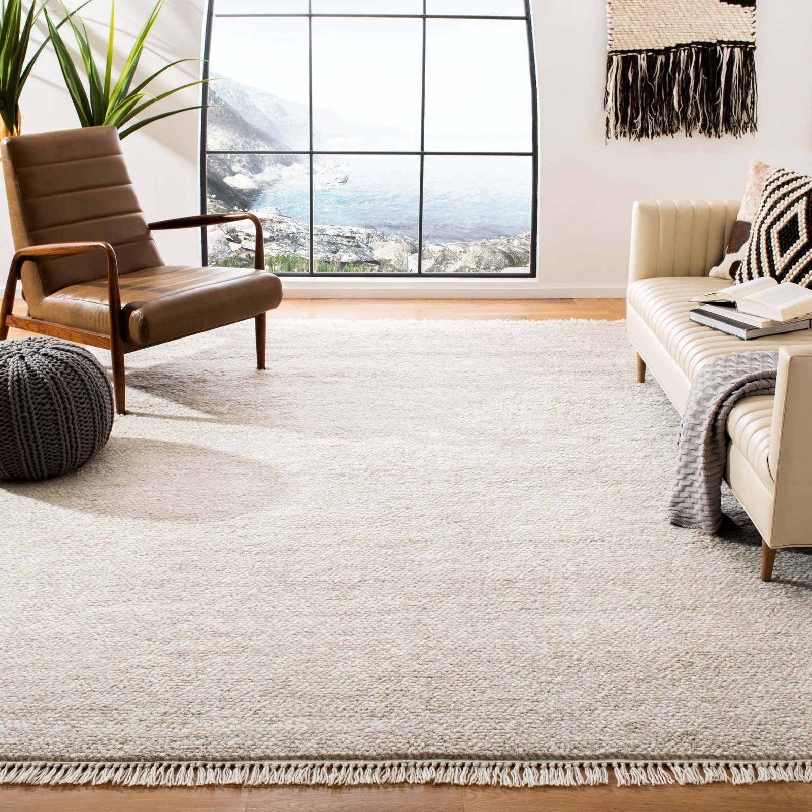Wyly Beige Handmade Shag Wool Rug, Rectangle 9' x 12'