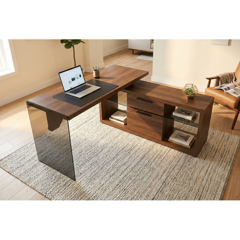 Lux 55,83" Corner L-Shaped Executive Desk with Storage Cabinet, Walnut/Gray