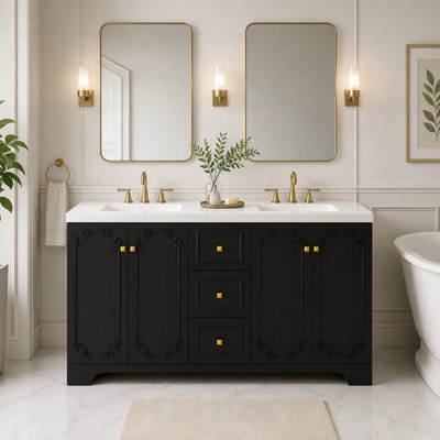 Armoire de salle de bain sculptée de style français de 60 po, armoire de rangement abondante, 4 portes à fermeture douce et 3 tiroirs