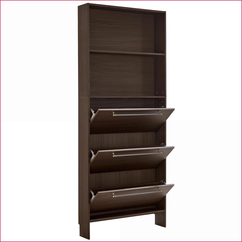 Shoe Cabinet with 3 Flip Drawers &amp; Top Storage, 78.75'' Tall Narrow Dark Walnut Modern Farmhouse | Walnut Brown | Hallways