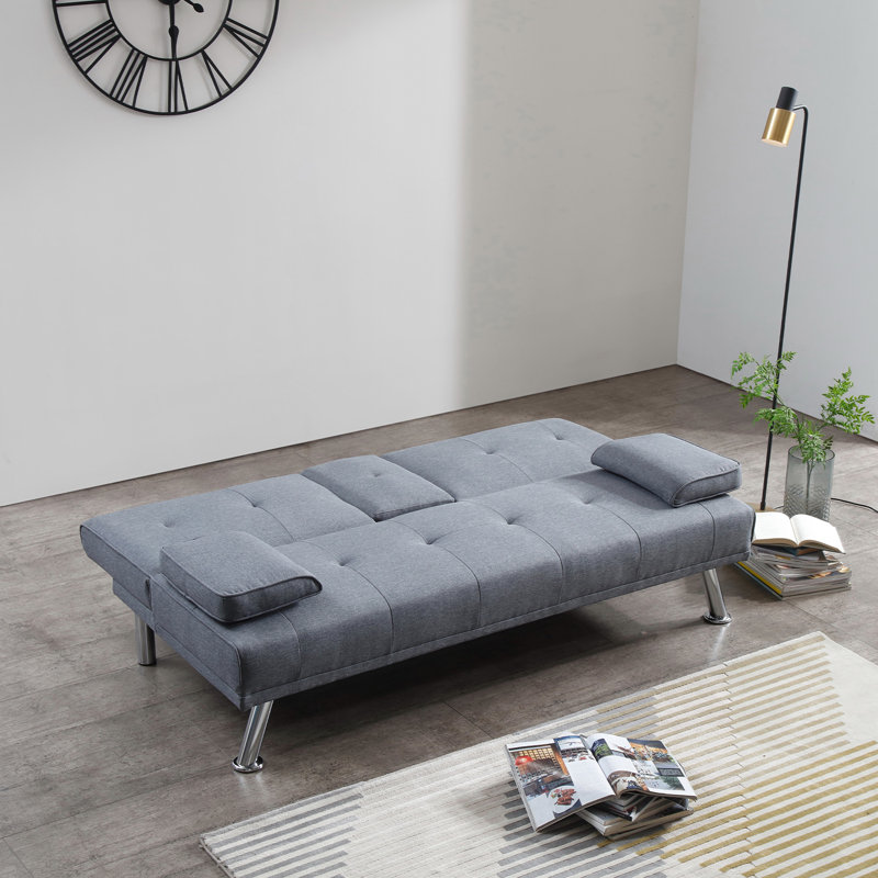 182*83*79cm, Sofa Bed with Cup Holder, Grey Linen Blend