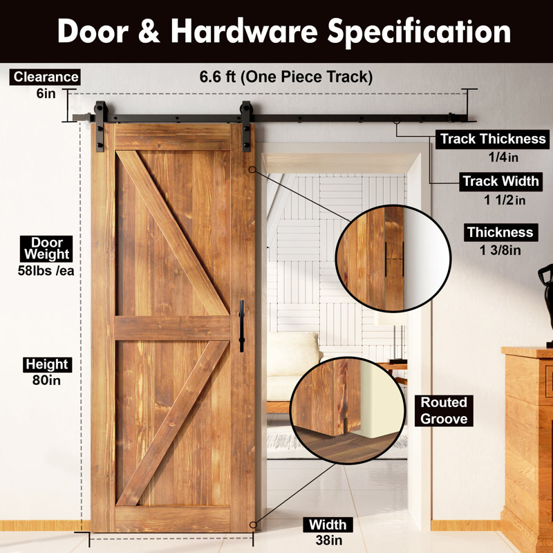 Porte en bois de pin massif 5-en-1 de conception 80 po avec quincaillerie d'installation rustique noire 5 en 1, 38 po x 80 po