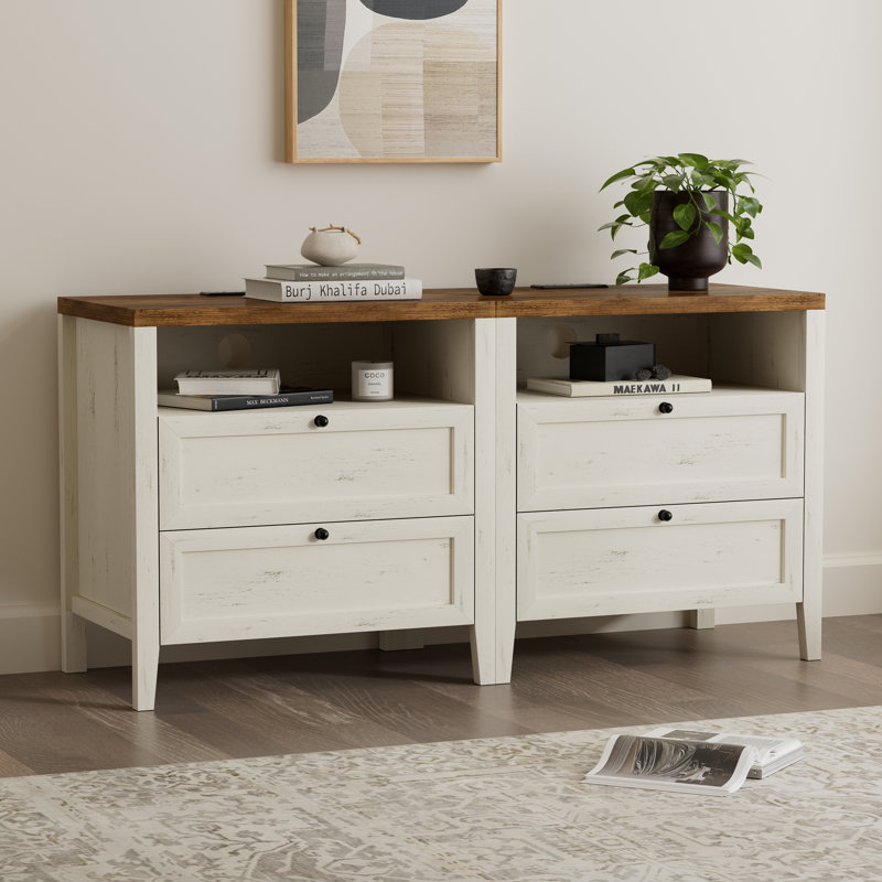 Farmhouse Nightstand With 2 Drawers And Charging Station, Set of 2, Rustic White/Honey Brown