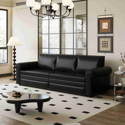 Chesterfield Sofa,93.7" King Pull Out Sofa Bed,3-In-1 Faux Leather Convertible Sleeper Sofa With Nailhead Trim & Rolled Arm,Multi-Functional Sofa Bed
