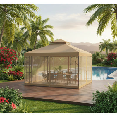 Outdoor Double Roof Outdoor Gazebo Canopy Shelter with Netting,Patio Gazebo with Corner Frame Shelves