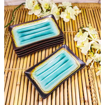 Paquet de 6 assiettes à sushi rectangulaires en céramique Koriu craquelé vert L 8,5 po