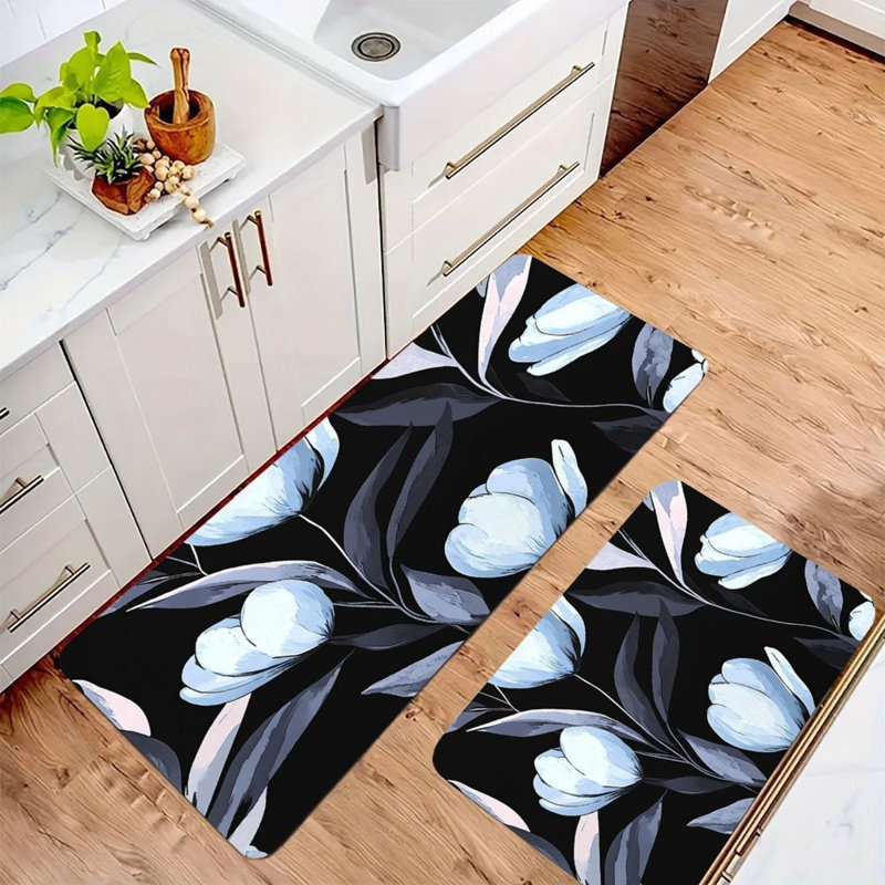 Light Blue Tulip Pattern, 2 Pcs Non Slip Kitchen Mats