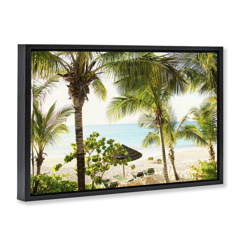 Toile flottante encadrée «Tropical Beach Resort» par Susan Bryant, Cadre flottant noir de jais, H 17 po x l 25 po
