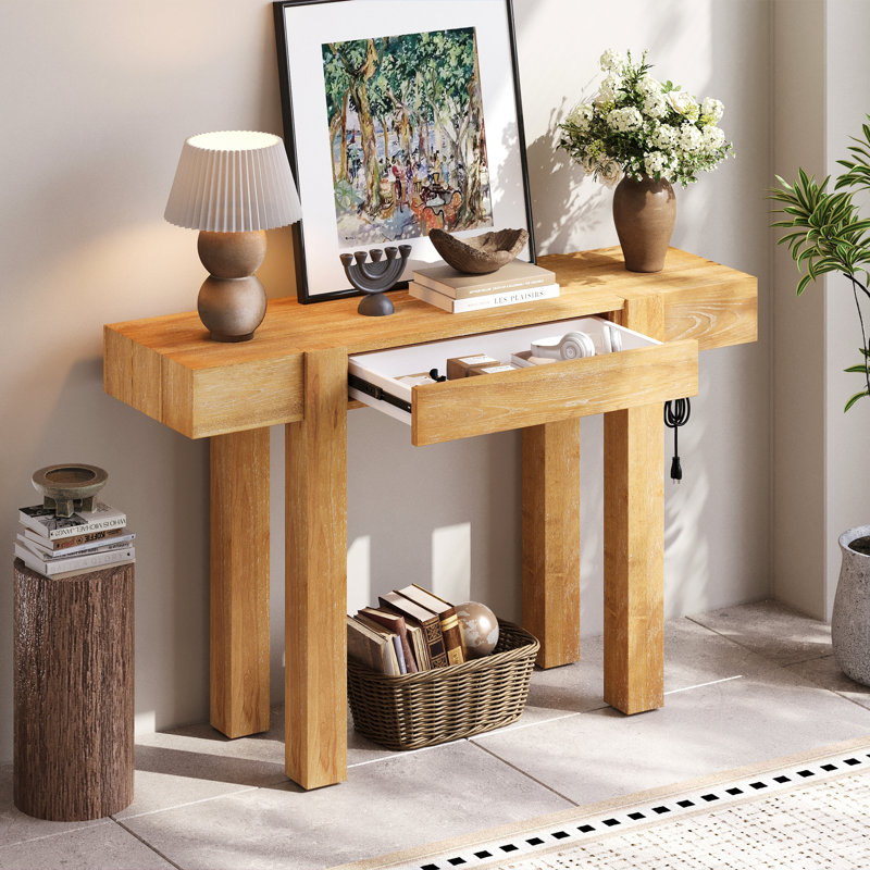 Rustic Minimalist Console Table With Hidden Drawer, Side Power Outlet,Wood Entryway Table For Entryways, Living Rooms And Home Offices