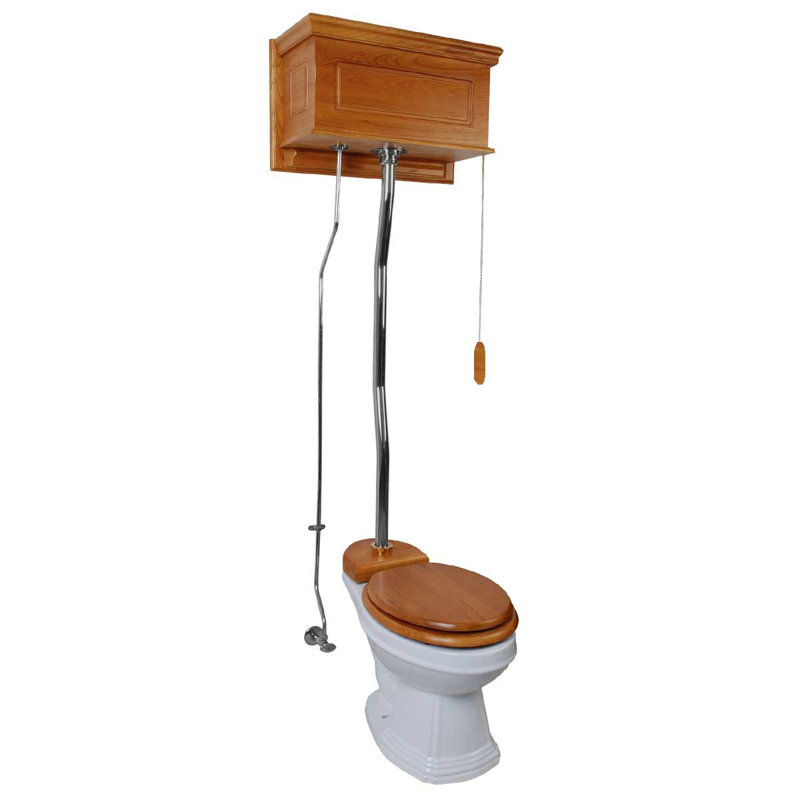 The Renovators Supply High Tank Pull Chain Toilet Wooden Finish (Seat not Included), Antique Light Oak/Silver