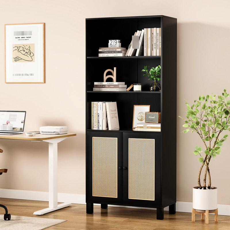 Bibliothèque noire à 5 niveaux avec portes, rangement polyvalent pour grandes tablettes, bureau et cuisine, Black