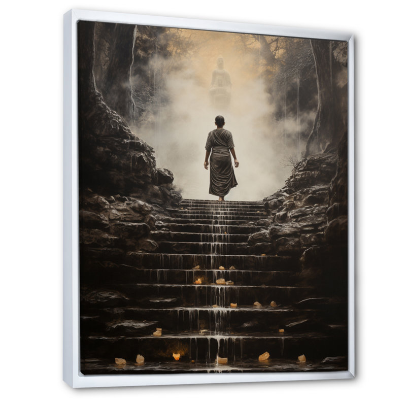«Kalakis Gray Buddhism Buddhas Footprints I», reproduction sur toile, Cadre flottant blanc, H 40 po x l 30 po x P 1,5 po