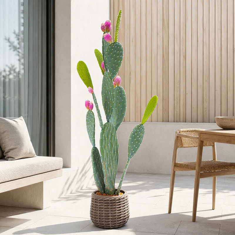 Cactus artificiel à 3 branches 4,5 pi avec fruits roses en pot tissé brun, plantes de cactus artificielles pour plantes grasses