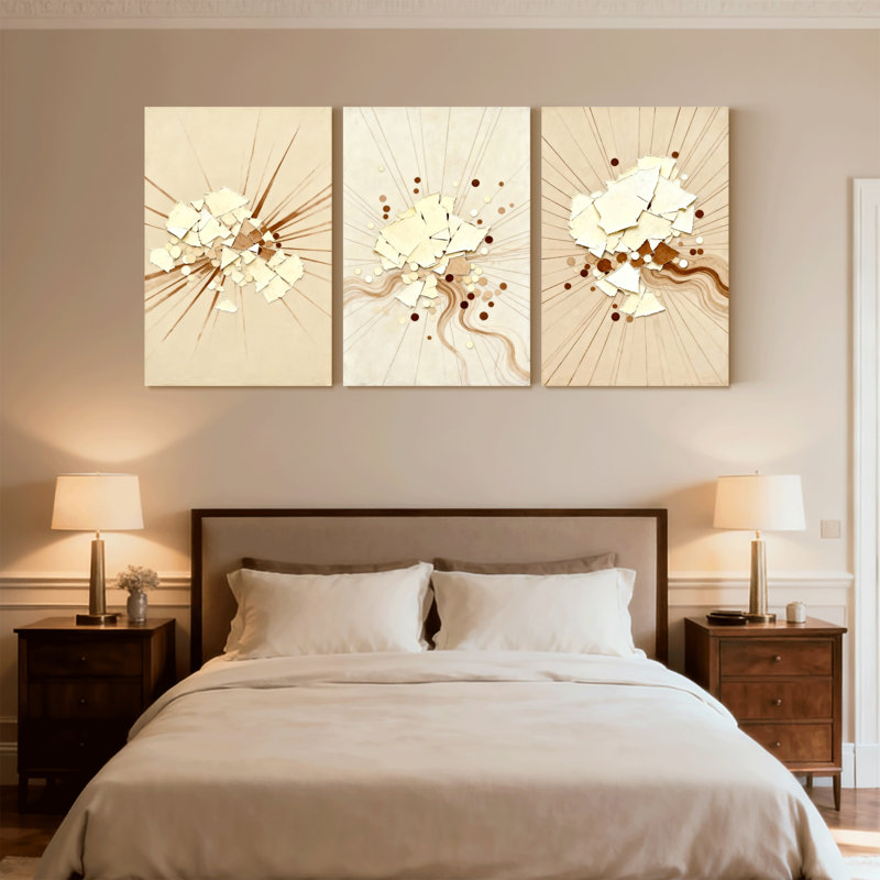 Abstrait abstrait Explosion avec pièces brisées et tourbillons, ensemble de 3 impressions sur toile, H 24 po x l 48 po