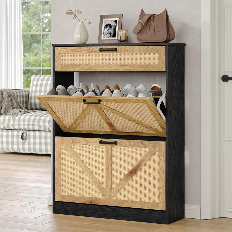 Wood Tilt Out 16 Pair Shoe Storage Cabinet with 2 Rattan Flip Drawers for Entryway