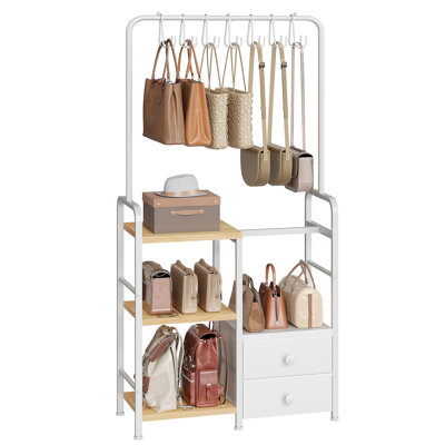 Organisateur de sac à main à 3 niveaux pour garde-robe avec crochets et tiroirs, support de sac à main sur pied pour organisateur de sac à main, organisateur de rangement de sac à main pour entrée, chambre à coucher, naturel et blanc