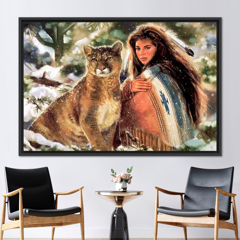 "Native American Woman with Majestic Lion", reproduction d'art sur toile de haute qualité, H 45 po x l 100 po, Noir