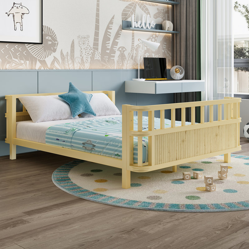 Full Size Natural Wooden Platform Bed with Railings - Perfect for Kids (Girls & Boys), Natural, Full