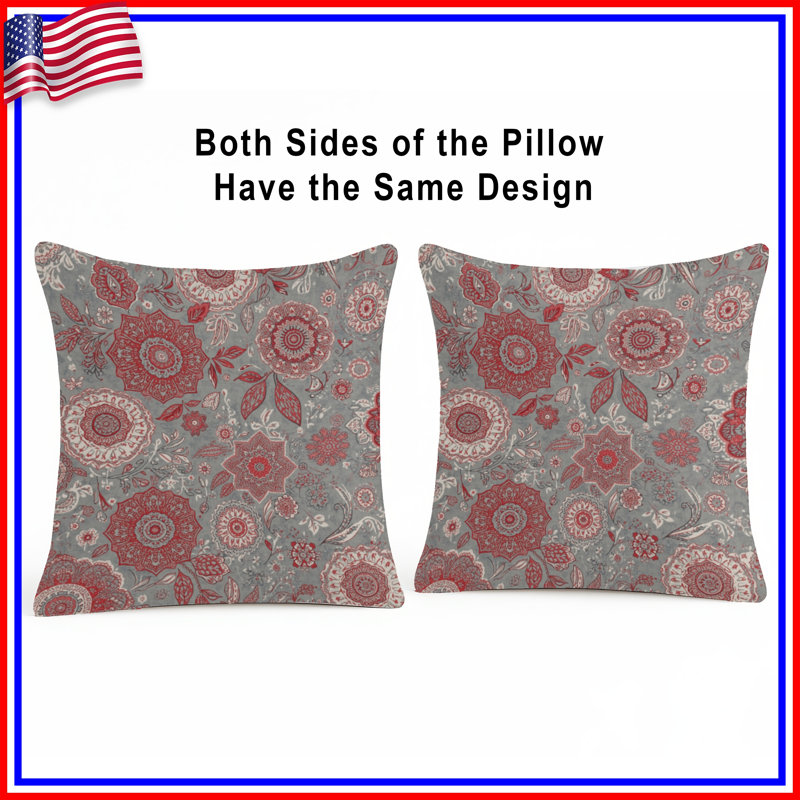 Coussins décoratifs rouges et gris à motif floral, 20 x 20 pouces